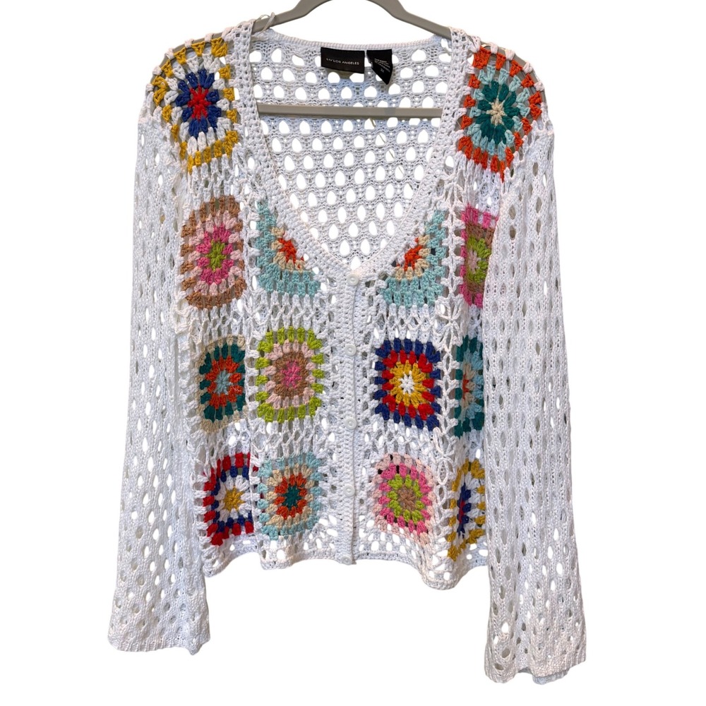 Liv Los Angeles Granny Square Crochet Cardigan White Multi 100% Cotton 3X Boho
